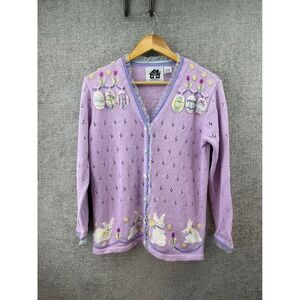 Storybook Knits Lavender Women's Small Easter Egg Bunny Cardigan Sweater Purple